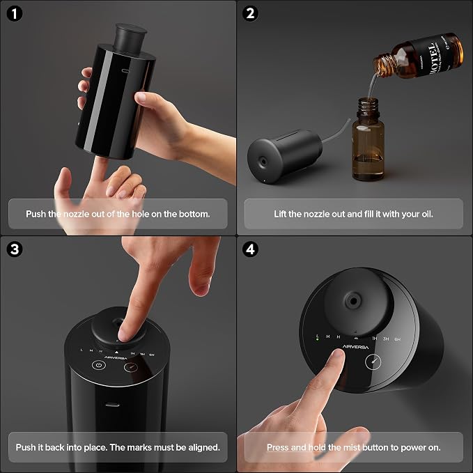 Airversa Waterless Essential Oil Diffuser Starter Kit with 30mL Hotel Fragrance Oil Inspired by Blagio, Battery Operated Car Diffuser, Portable Aroma Nebulizer for Home Car Office, AN6Kit-D, Black
