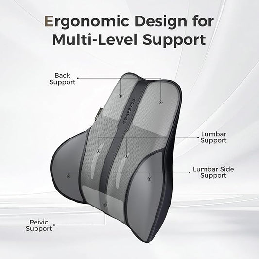 Coverado Lumbar Support Pillow for Car, Ergonomic Memory Foam Back Pillow for Office Chair, Back Cushion for Back Pain Relief, PU Leather Car Lumbar Support for Driving Seat - Black&Gray