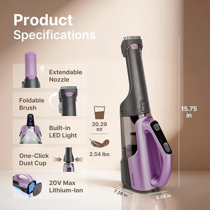 Shop-Vac S3 20V Handheld Vacuum Cordless, Rotatable Nozzle, Dual-Speed Powerful Portable Car Vacuum Rechargeable, Wall-Mounted Lightweight Hand Vacuum for Home & Car, LED, HEPA Filter, Purple