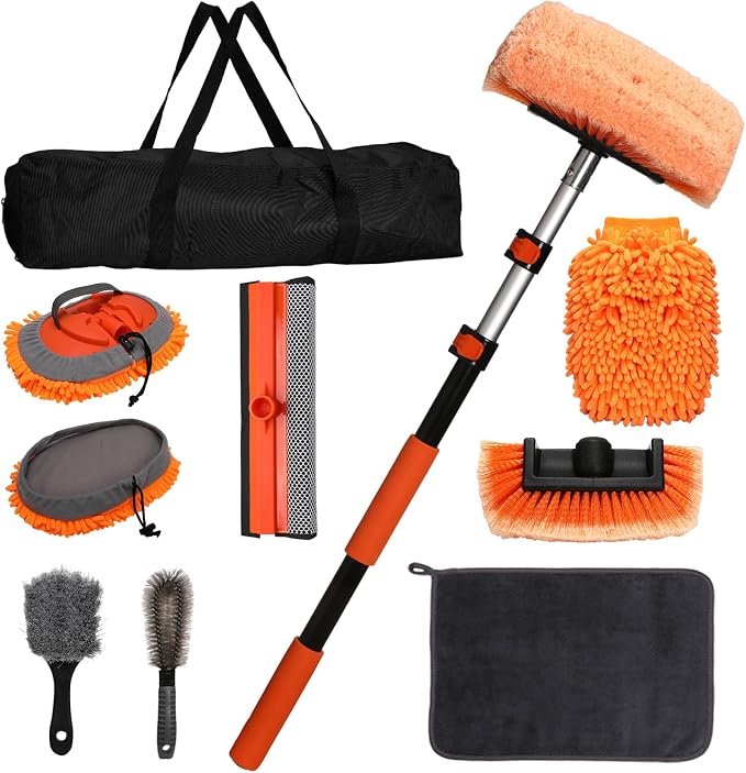10Pcs 60" Car Wash Kit with Long Handle, Soft Extendable Car Wash Brush & Mop, Wheel & Tire Brush, 2-in-1 Window Squeegee, Microfiber Towel & Wash Mitt for Cars, SUVs, Trucks Exterior Cleaning