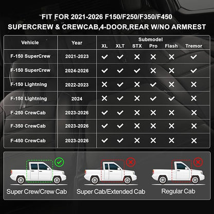 F150 Leather Seat Covers Full Set for 2021-2025 2026 Ford F150 SuperCrew STX,Tremor,XL,XLT & 2022-2024 F150 Lightning,for 2023-2026 F250/F350 CrewCab XL,XLT,Fully Covered Truck Seat Protector (Black)