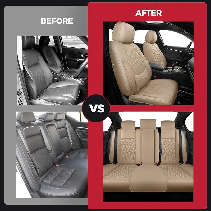 FREESOO Beige Car Seat Cover Full Set - Faux Nappa Leather Seat Covers for Cars, Ultra Breathable Waterproof Front Seats Cushion Protectors with Lumbar Support, Universal Fit for Sedans SUVs Pickups
