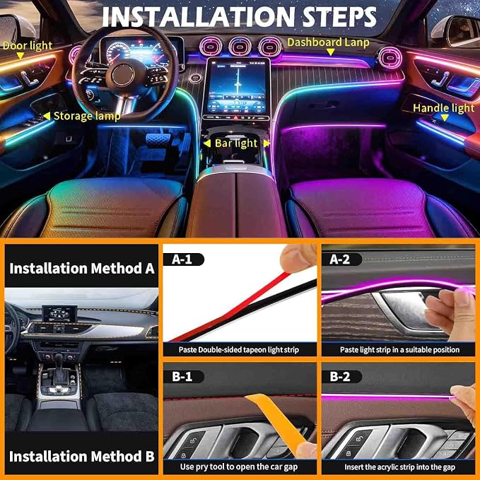 Acrylic Interior Car LED Lights with Wireless APP 6 in 1,Ambient Lighting Kits Fiber Optic Strip LEDs,16 Million Colors Music&DIY Function, Car Decorations Interior Accessories Gifts for Women Men