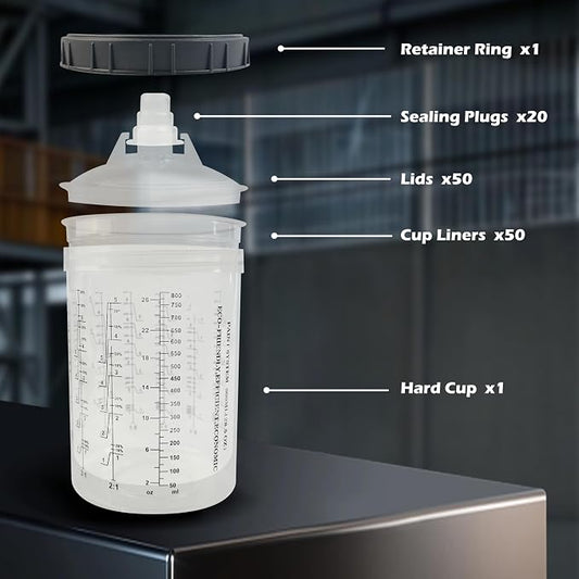 ENDOZER Disposable Paint Cup 50 Pack 27 Ounce(800ML) Mixing Cups for Automotive Spray Gun with 50 Liners and Lids System, 1 Hard Cup with Retainer Ring, 20 Plugs, 2 Adapters for Paint Gun