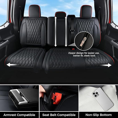 Coverado Leather Rear Seat Covers Fit for Ford F150 F250 F350 F450, Waterproof Ford Truck Rear Seat Covers Fit for 2015-2026 F150 & 2017-2026 F250 F350 F450 (Redline)