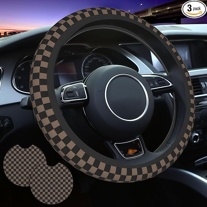 Checkered Black Brown Steering Wheel Cover 15 Inch Car + 2 pc Car Coasters | Black Brown Checkered Steering Wheel Cover Anti-Slip Breathable Universal for Suitable
