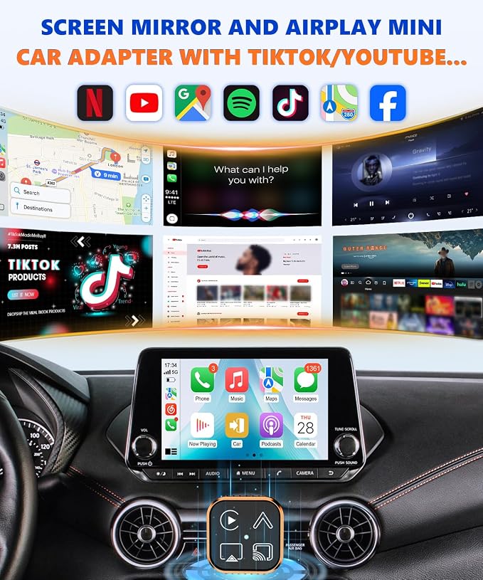 4-in-1 Mini Wireless CarPlay & Android Auto Adapter Support AirPlay/MirrorLink, Convert Wired to Wireless, Auto-Connect for Daily Commute, 5.8GHz Stable Connection, Plug & Play Dongle, Orange