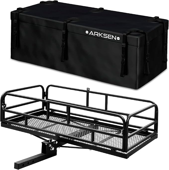ARKSEN 60" x 25" x 14" Folding Cargo Rack Carrier with 500D PVC Waterproof Cargo Bag 500 Lbs Heavy Duty Capacity 2 Inch Receiver Luggage Basket Hitch Fold Up for SUV Pickup Camping Traveling