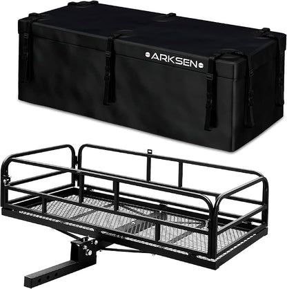 ARKSEN 60" x 25" x 14" Folding Cargo Rack Carrier with 500D PVC Waterproof Cargo Bag 500 Lbs Heavy Duty Capacity 2 Inch Receiver Luggage Basket Hitch Fold Up for SUV Pickup Camping Traveling