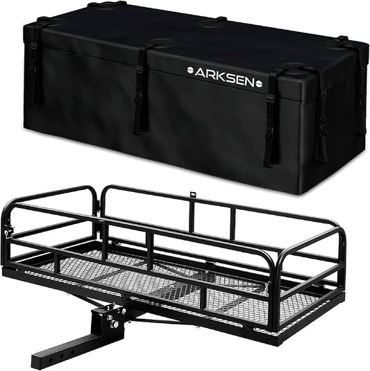 ARKSEN 60" x 25" x 14" Folding Cargo Rack Carrier with 500D PVC Waterproof Cargo Bag 500 Lbs Heavy Duty Capacity 2 Inch Receiver Luggage Basket Hitch Fold Up for SUV Pickup Camping Traveling