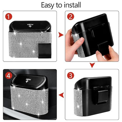 NBTEPEM Bling Car Trash Can with Lid, Mini Auto Garbage Can with 30 Trash Bags, Leakproof Automotive Garbage Container Bin, Bling Car Accessories Trash Can for Women (Silver Diamond)