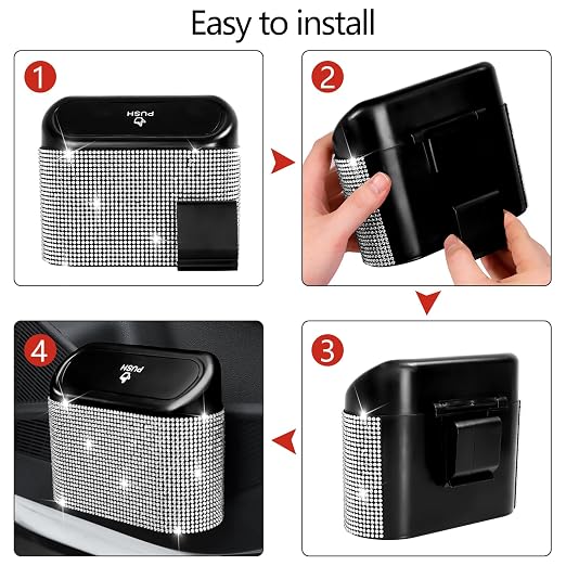 NBTEPEM Bling Car Trash Can with Lid - 2 Pack, Mini Auto Garbage Can with 60 Trash Bags, Automotive Garbage Container Bin, Bling Car Accessories Trash Can for Women (Silver Diamond)
