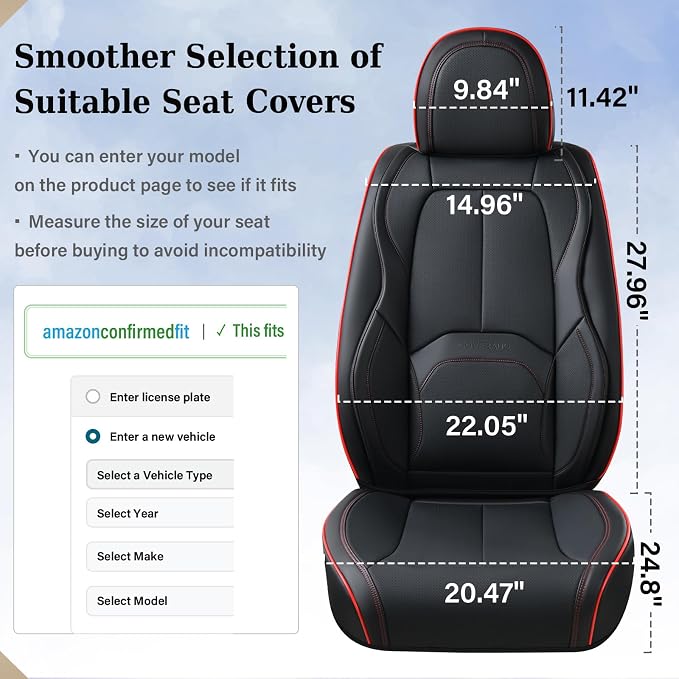 Coverado Car Seat Covers Full Set, Premium Nappa Leather Seat Covers for Car, Waterproof Car Seat Protector with Lumbar Support, Car Seat Cover Universal Fit for Most Cars SUV Truck(Black&Red)