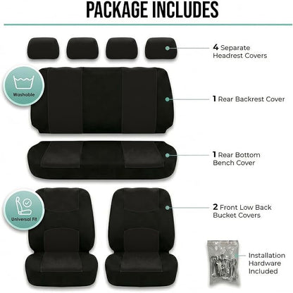 FH Group Bright Flat Cloth Full Set Automotive Seat Covers Front Set and Rear Solid Bench Black Seat Covers w. Gift Universal Fit Interior Accessories for Cars Trucks and SUVs