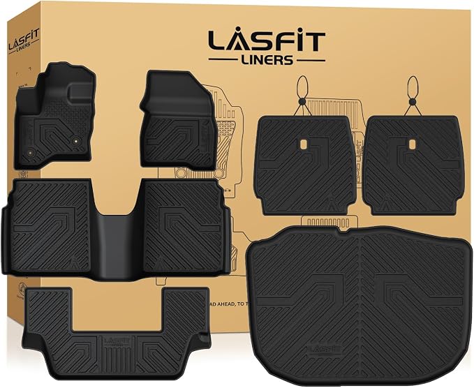 LASFIT All Weather Floor Mat Set for 2009–2019 Ford Flex & 2010–2019 Lincoln MKT – 3 Rows Custom Fit Floor Mats + Cargo Liner & Seat Back Protectors – Premium TPE Interior Full Coverage Protection