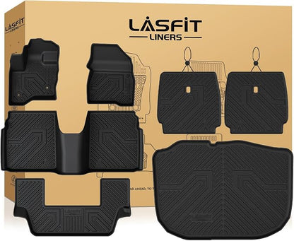 LASFIT All Weather Floor Mat Set for 2009–2019 Ford Flex & 2010–2019 Lincoln MKT – 3 Rows Custom Fit Floor Mats + Cargo Liner & Seat Back Protectors – Premium TPE Interior Full Coverage Protection