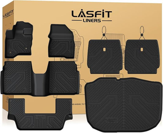 LASFIT All Weather Floor Mat Set for 2009–2019 Ford Flex & 2010–2019 Lincoln MKT – 3 Rows Custom Fit Floor Mats + Cargo Liner & Seat Back Protectors – Premium TPE Interior Full Coverage Protection