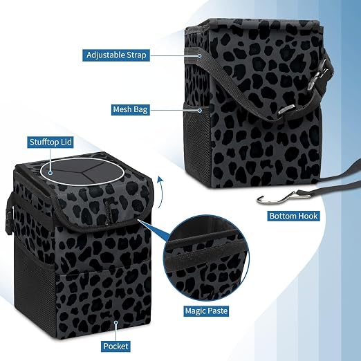 Car Trash Can – Multi-Purpose, Lightweight and Portable with Durable Water-Resistant Coating, No Installation Required, Practical and Ample Capacity, Variety of Colors.Black Leopard Print