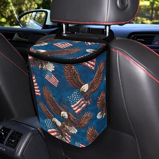 Talayituse Eagle American Flag Print Car Trash Bin, Large Size Auto Trash Can Adjustable Portable Garbage Can with Lid, Vehicle Hanging Bag for Headrest Front Back Seat 4th of July Decor