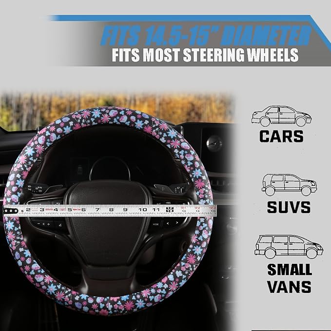 Floral Print Steering Wheel Cover with Silicone Inner Ring, Non-Toxic, Odorless Silicone Leather with Non-Fading Pattern for Men Women, Universal 14.5 to 15 Inch (Flower Print)
