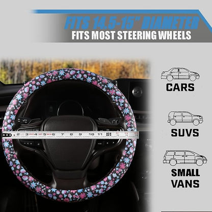 Floral Print Steering Wheel Cover with Silicone Inner Ring, Non-Toxic, Odorless Silicone Leather with Non-Fading Pattern for Men Women, Universal 14.5 to 15 Inch (Flower Print)