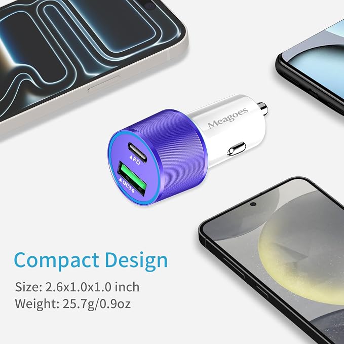 67.5W Purple Car Charger USB C Super Fast Charging, 45W USBC&QC3.0 Port Plug for iPhone 17 Pro Max/Air/16/15/iPad, Samsung S26 Android Cell Phone, Dual 12V Cigarette Lighter Adapter+3.3ft Type C Cable