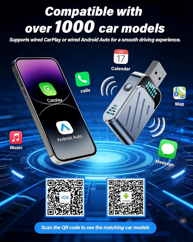 Wireless CarPlay Adapter, Dual System iOS10+ Android11+, One-Click Disconnect, Metal Fast Heat Dissipation, HD Video Playback, Latest WiFi Bluetooth, Fast Connect, Plug and Play