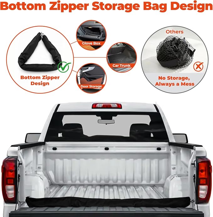 3-Layer Cargo Net for Dodge RAM1500 2019-2026, Zoned Storage Truck Bed Net with Foldable Zippered Bottom Bag, Heavy-Duty Cargo Organizer Netting for Camping, Trips & Everyday Use