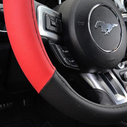 BDK Sporty Two Tone Ergonomic Grip Steering Wheel Cover - Plush Leather Grip for Standard Size Wheels 14.5-15 inch Red/Black