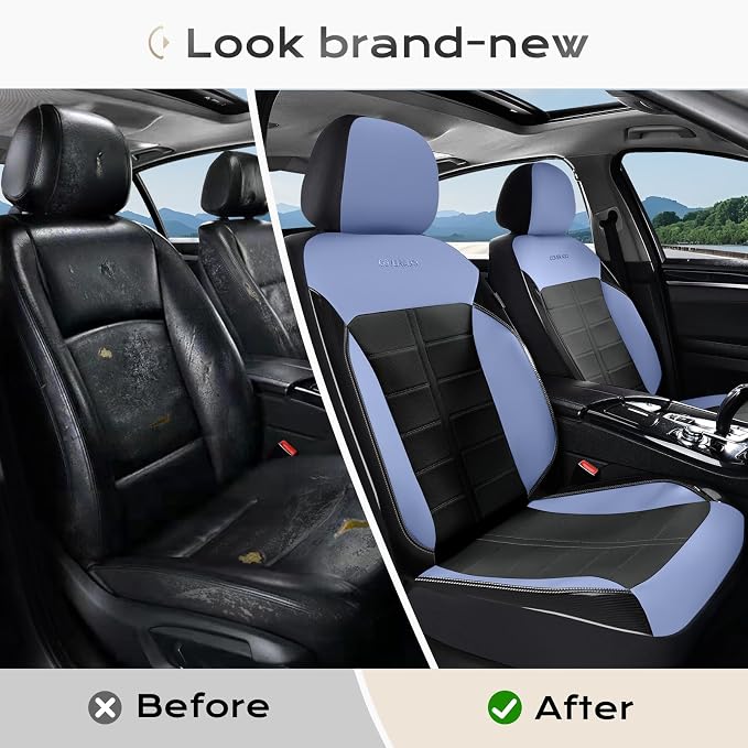 Coverado Leather Car Seat Covers, Waterproof Front Seat Covers 2 Pack, Blue & Black Full Coverage Automotive Seat Cushion Protectors, Universal Fit for Cars SUV Trucks