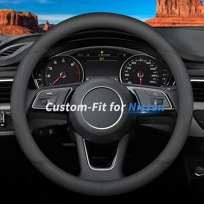 Deer Route Custom-Fit for Nissan Steering Wheel Cover, Premium Leather Car Steering Wheel Cover with Logo, Non-Slip, Breathable, for Nissan Accessories (B-Style,for Nissan)