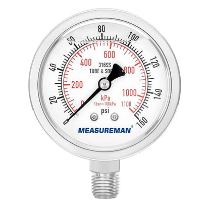 MEASUREMAN Fully Stainless Steel Hydraulic Glycerin Filled Pressure Gauge, 2-1/2" Dial Size,0-160psi/kpa,1/4" NPT Lower Mount