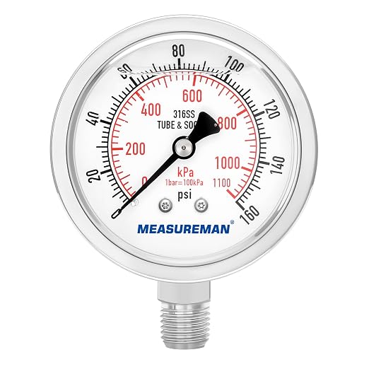 MEASUREMAN Fully Stainless Steel Hydraulic Glycerin Filled Pressure Gauge, 2-1/2" Dial Size,0-160psi/kpa,1/4" NPT Lower Mount
