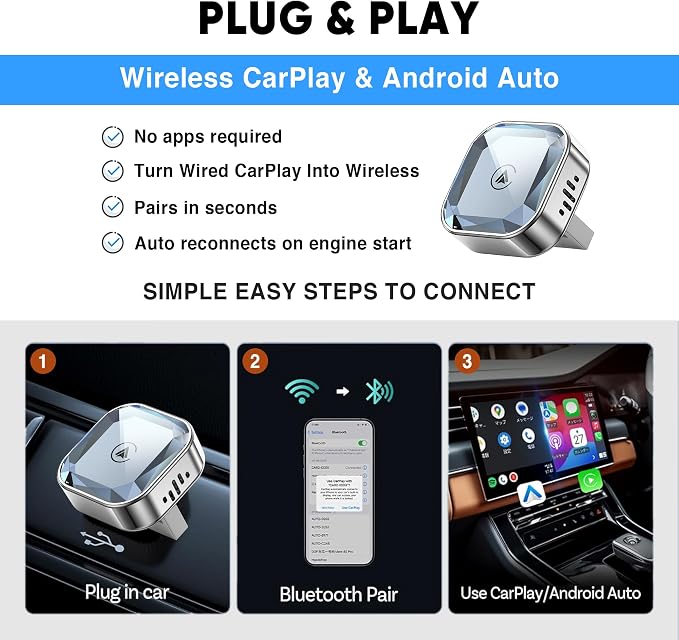 Wireless CarPlay Adapter 2026 Upgraded – 2-in-1 Suitable for Apple iPhone & Android, with Compact Size Plug-and-Play Convenience, and Fast Stable Connection for CarPlay & Android Applications (Sliver)