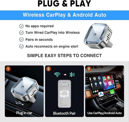 Wireless CarPlay Adapter 2026 Upgraded – 2-in-1 Suitable for Apple iPhone & Android, with Compact Size Plug-and-Play Convenience, and Fast Stable Connection for CarPlay & Android Applications (Sliver)