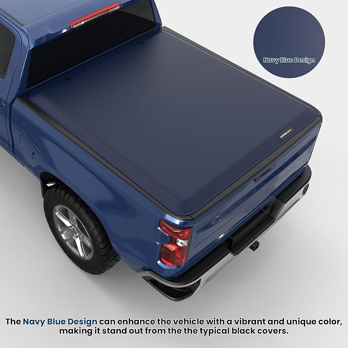 KUIPERAUTO Soft Quad Fold Tonneau Cover Truck Compatible for 2002-2026 Dodge Ram 1500/03-2026 Ram 2500 3500 W/o Ram Box 6.4 Feet Bed Fleetside Navy Blue Design