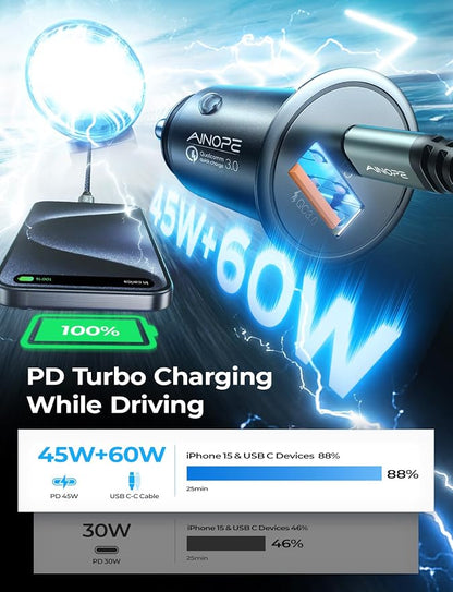 AINOPE 67.5W Car Charger USB C Fast Charging【Mini & Metal】[+ 6.6 FT Type-C Cable] Dual Port PD/QC3.0 Cigarette Lighter USB Charger Adapter for iPhone 17 Pro Max 16 15 Air Samsung Android, Black
