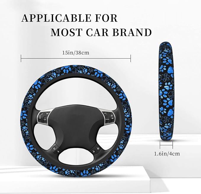 Dog Paw Print Steering Wheel Cover Anti-Slip,Sweat Absorption Universal 15 inch Steering Wheel Covers Cute car Accessories for Men Women