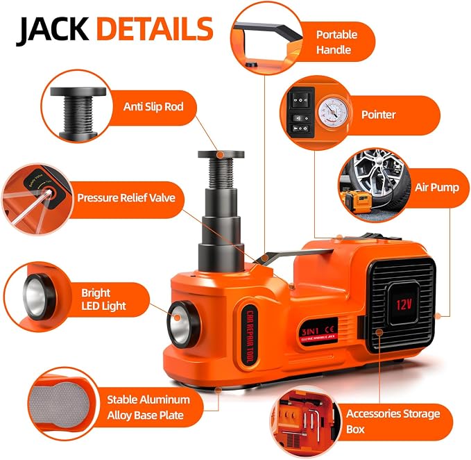 Car Jack Electric Hydraulic Jack 5Ton 155-450mm 3in1 Lift Inflator LED Light 12V Portable Outdoor Home Emergency Tire Change Roadside Rescue Tool for Sedan SUV MPV