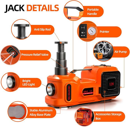 Car Jack Electric Hydraulic Jack 5Ton 155-450mm 3in1 Lift Inflator LED Light 12V Portable Outdoor Home Emergency Tire Change Roadside Rescue Tool for Sedan SUV MPV