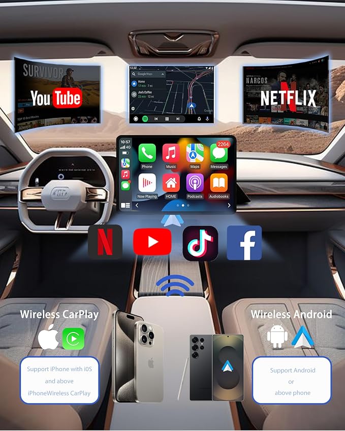 Wireless CarPlay AI Box Adapter, 2-in-1 for iPhone & Android Auto, Support YouTube/Netflix, TF Card Playback, Wired to Wireless, Plug and Play, 5.8GHz WiFi & Bluetooth 5.3