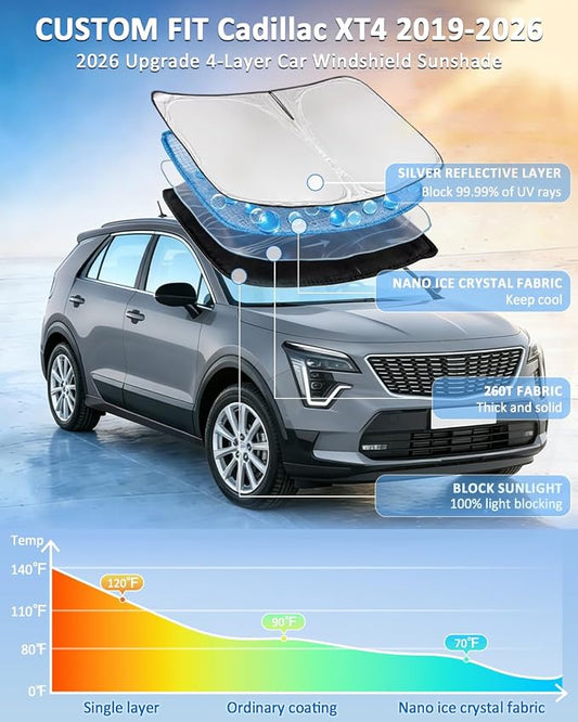 for Cadillac XT4 2019-2025 2026 Windshield Sun Shade - 4 Layers Car Sunshades for Front Windows Shade Cover Custom Fit XT4 Sun Visor 250T Retractable Shade Blocks UV Rays Car Accessories