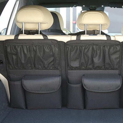 HZEL Car Trunk Organizer, Detachable Vehicle Backseat Storage Bag with 4 Compartments, Large Capacity Back Seat Organization Hanger with Lids, Space Saving Universal Automotive Accessories (Black)