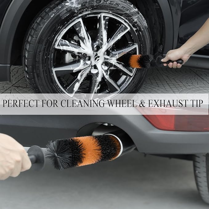 TAKAVU Master Wheel & Tire Brush, Easy Reach Wheel and Rim Detailing Brush Long Soft Bristle, Car Tire Brush, Wheel Scrub Brush, Multipurpose use for Wheels Rims Exhaust Tips Motorcycles (Orange)