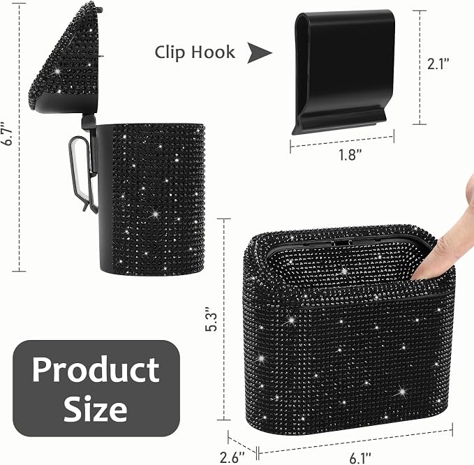 Accmor Bling Car Trash Can with Lid, Mini Vehicle Garbage Organizer Storage Bin Dustbin, Sparkling Crystal Rhinestone Holder Container with 30pcs Garbage Bags Car Accessories