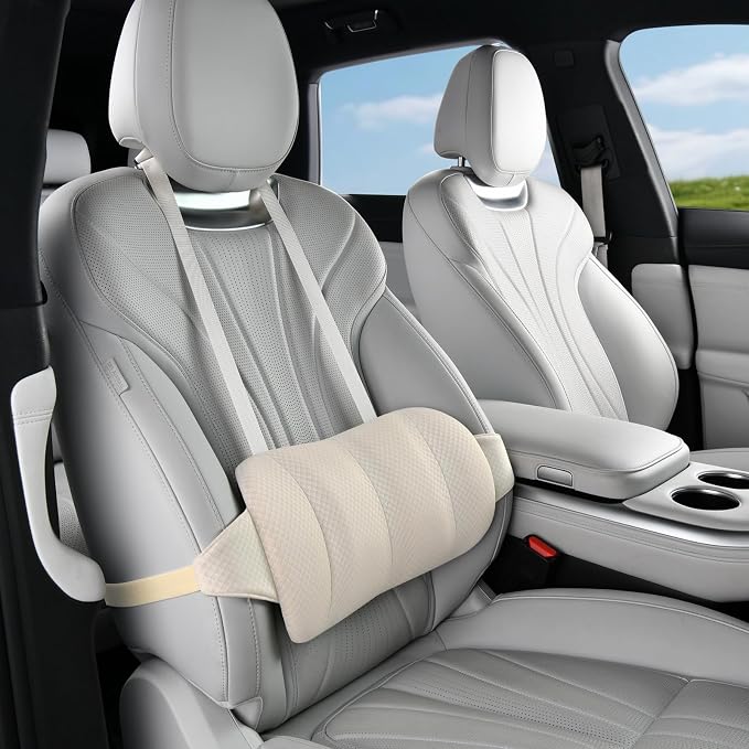 KAYI Lumbar Support Pillow for Car, Memory Foam Lumbar Pillow with Adjustable Straps, Lumbar Support Pillow for Office Chair, Back Support for Car, Sitting, Driving, Traveling (1, Beige)