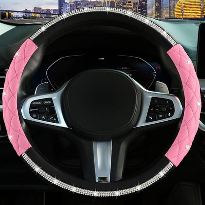Steering Wheel Cover，with Diamond Crystal Rhinestone,Delicate and Anti-Slip Bling Steering Wheel Cover ，Adaptable to 14.5-15 inches Car Wheel Protector for Women Girl ，Black & Pink