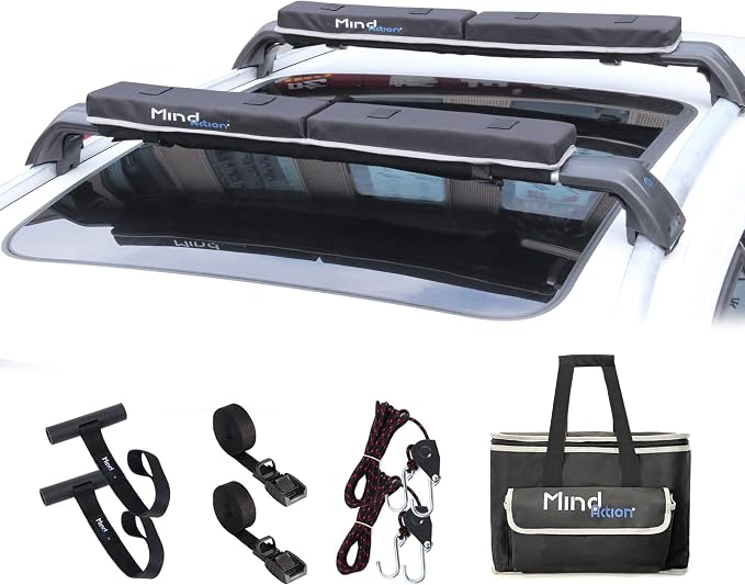 Universal Car Soft Roof Rack for Kayak/Canoe/Surfboard/SUP/Snowboard,Roof Rack Pads Carrier System Include 2 16FT Tie Down Straps,2 Ratchet Pulley Ropes,2 Hood Loops and Storage Bag （with Crossbar）