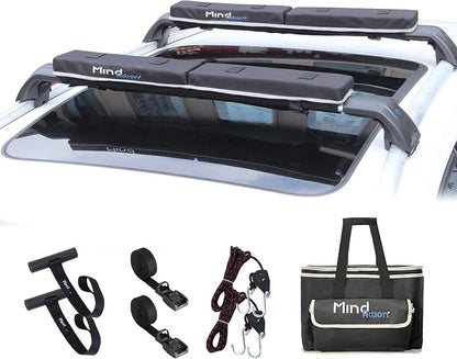 Universal Car Soft Roof Rack for Kayak/Canoe/Surfboard/SUP/Snowboard,Roof Rack Pads Carrier System Include 2 16FT Tie Down Straps,2 Ratchet Pulley Ropes,2 Hood Loops and Storage Bag （with Crossbar）