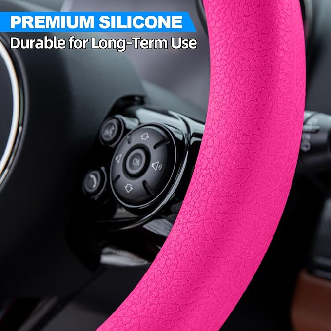 Spurtar Hot Pink Car Steering Wheel Cover Women, Hot Pink Car Accessories Cute Soft Silicone Leather Texture Steering Wheel Protector, Fit Diamenter 15" - 16.5"